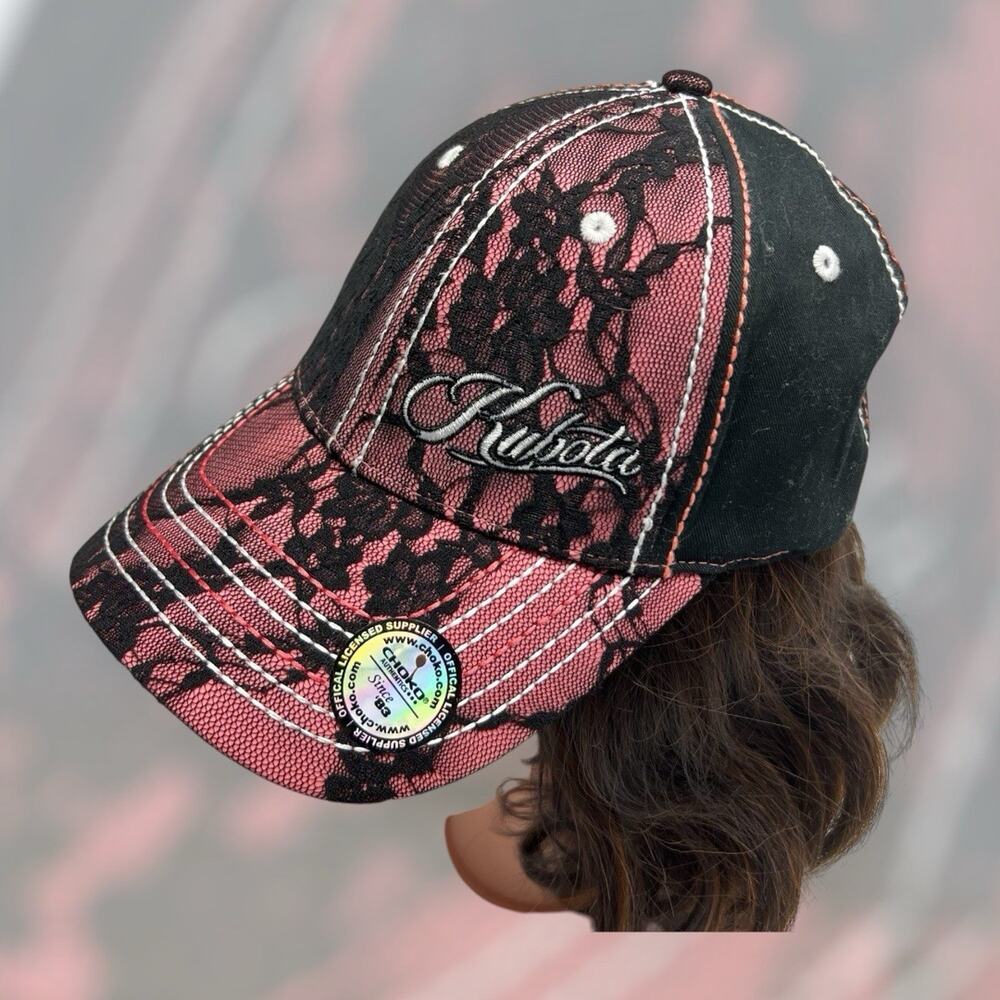 Choko x Kubota Women's Trucker Cap Pink & Black Hat Lace Panels Script Logo